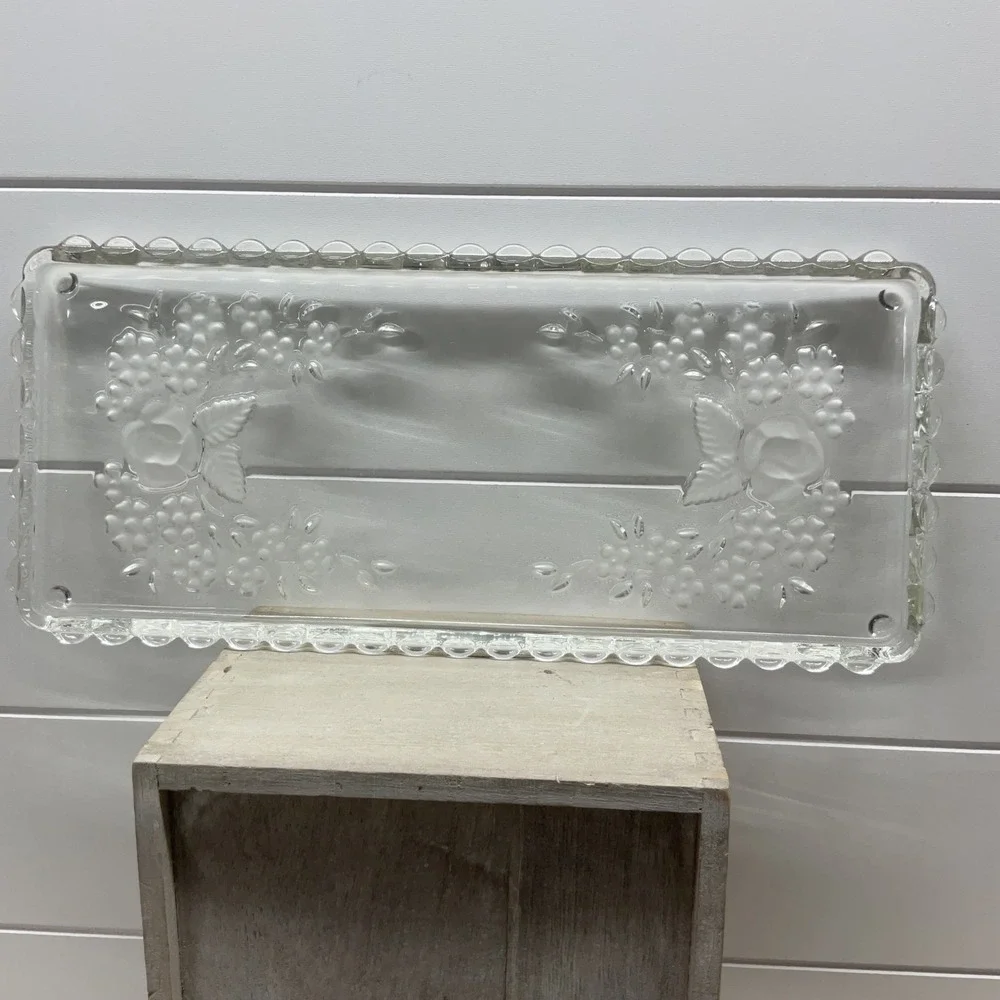 Vintage Clear Pressed Glass Rectangular Tray Frosted Rose Floral Beaded Rim 12in